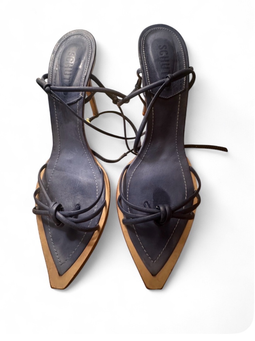 SCHUTZ Navy Pointed Lace-Up Heels with Tan Trim leather